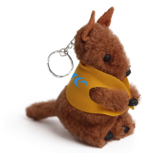A brown kangaroo plush toy with a yellow vest, featuring a keychain attachment and black button eyes.
