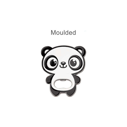 A drink bottle opener in the shape of a panda, featuring black and white colours with a logo.
