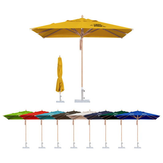 A yellow square outdoor umbrella with a wooden pole and a sturdy base, displayed alongside various colour options.