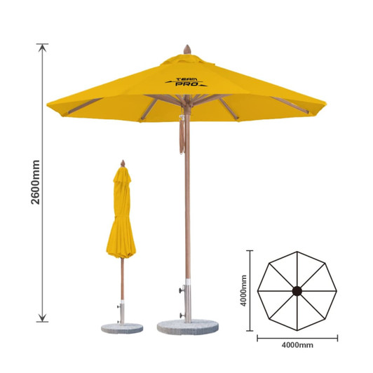 A yellow 4x4m wind-resistant octagon outdoor umbrella with a wooden pole and a matching protective cover.