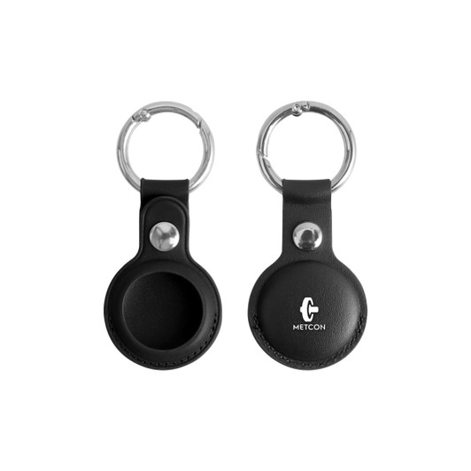 A black PU leather AirTag holder with a keyring, featuring a circular pocket and a logo.