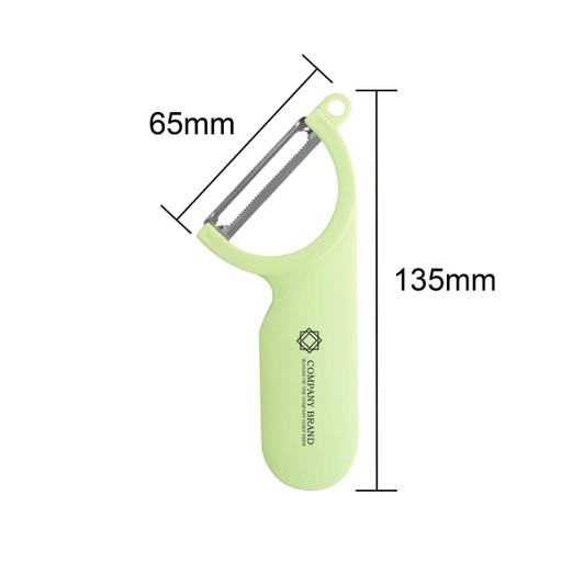 A green peeler with a stainless steel blade, measuring 135mm in length and 65mm at its widest point.