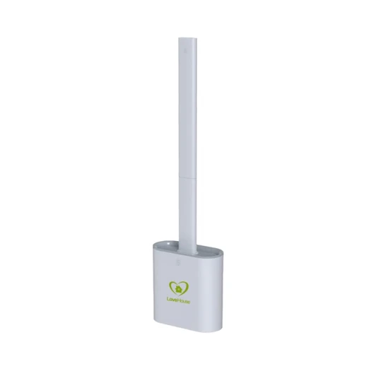 A silicone toilet brush in white, featuring a minimalist design and a holder, with a logo on the base.
