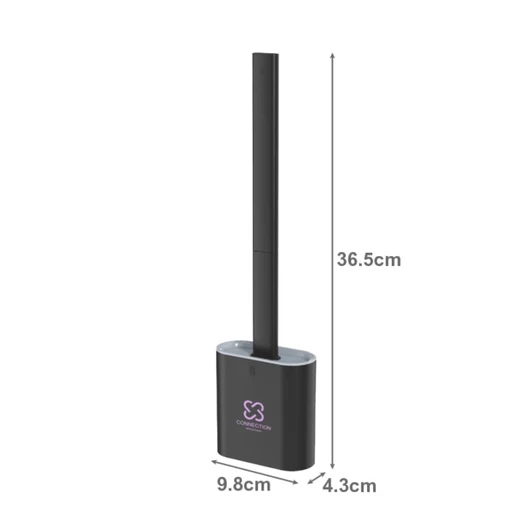 A silicone toilet brush in black with a slender handle and a circular base, featuring a logo. Dimensions provided.