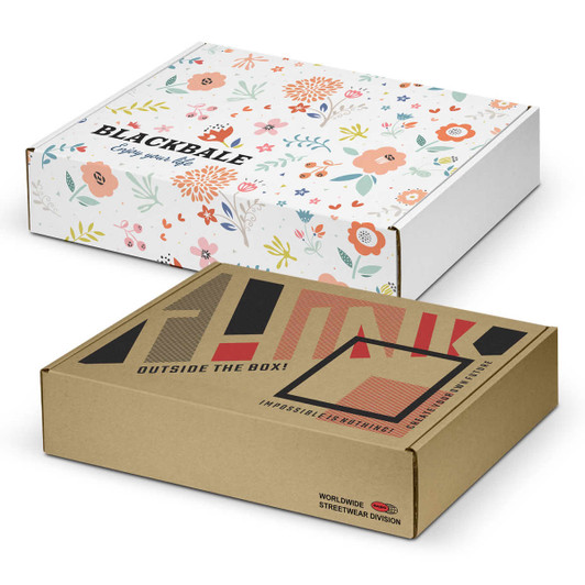 A die cut box with a locking lid, featuring a floral design in pastel colours and a bold graphic pattern.