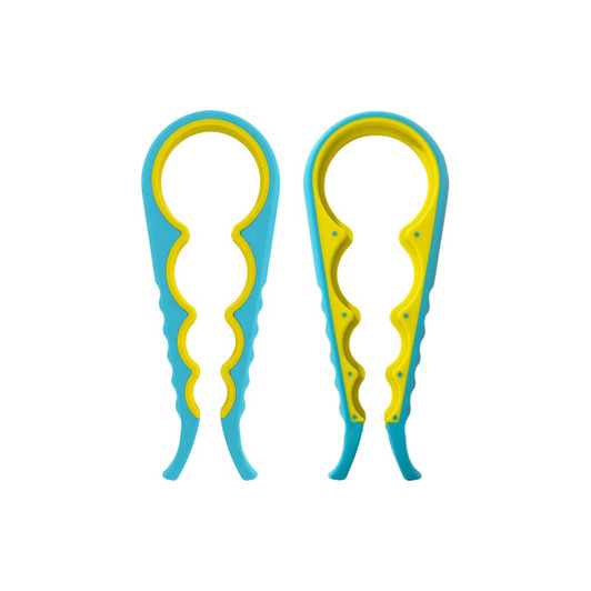 A multi-purpose jar opener in blue and yellow, featuring grip-enhancing curves and a logo.