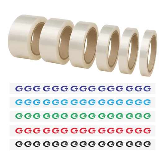 A collection of clear BOPP packing tape rolls in various sizes, alongside colour-coded printed tape in red, blue, green, and black.