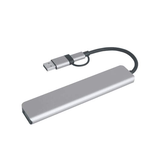 A silver 7-in-1 USB hub with a black cable attached, featuring a USB connector.