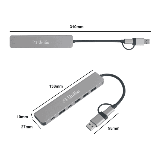 A silver 7 in 1 USB hub with multiple ports, featuring a connector cable. It has a logo and dimensions indicated.
