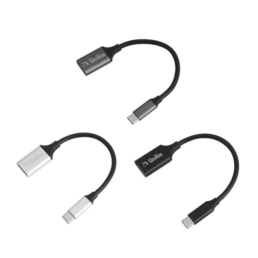 A collection of three USB 3.0 to USB C OTG adapters in silver and black, each with a logo.