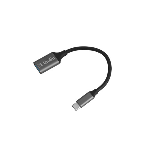 A grey USB 3.0 to USB C OTG adapter with a short cable and branding on one side.