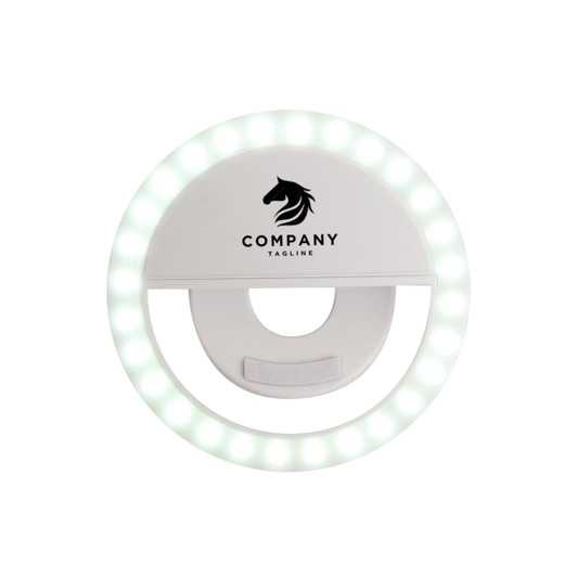 A white ring selfie light featuring a logo at the top and multiple LED bulbs around the edge.