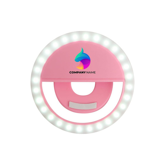 A pink ring selfie light featuring an LED design, with a circular shape and a logo in the centre.