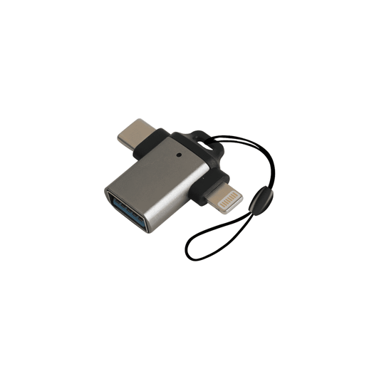 A grey USB 3.0 to USB C Lightning OTG adapter with a black tether for easy carrying.