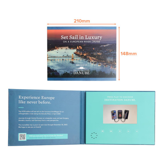 A 4.3-inch LCD video brochure with a scenic river cruise cover, featuring a logo and a blue interior.
