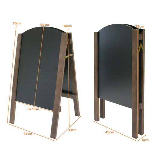 A-frame chalkboards in dark wood, showcasing a sturdy design with two chalkboard surfaces and measurement details.
