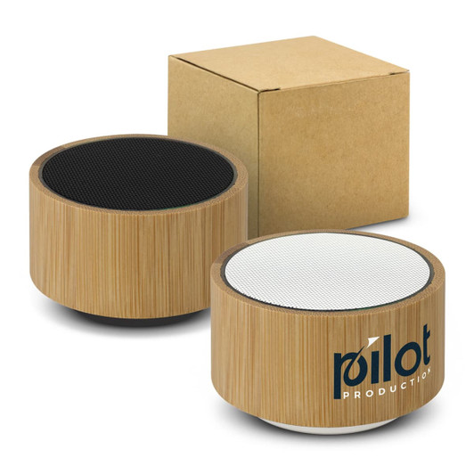 A bamboo Bluetooth speaker with a round design, featuring black and white speaker fronts, alongside a simple brown box.