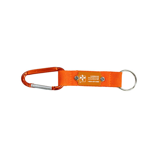 An orange carabiner keyring featuring a fabric strap and a keyring attachment, alongside a logo.