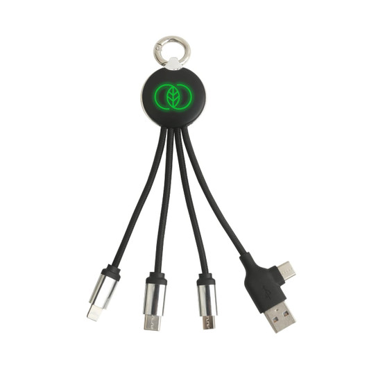 A round-shaped, black multi charging cable with four connector types, featuring a glowing green logo and a keyring.