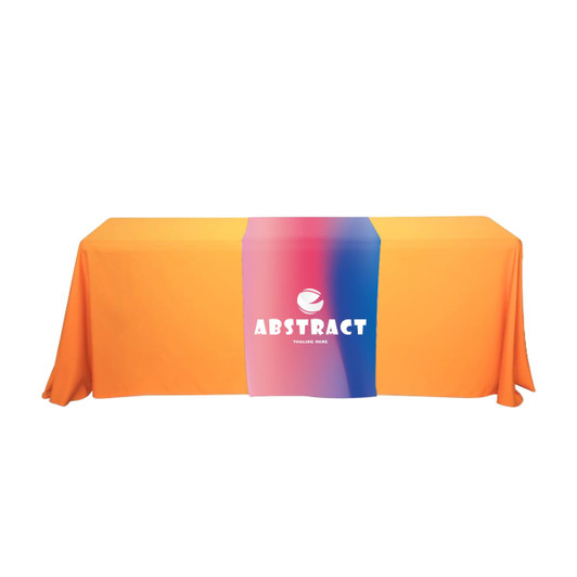 A medium table runner in orange with a central design featuring a gradient of blue and pink, displaying a logo.