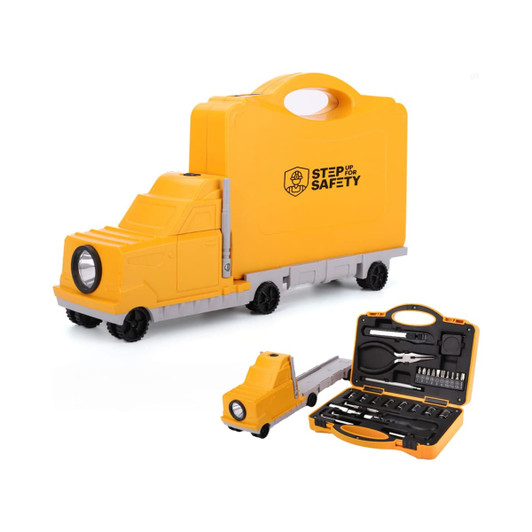 A yellow truck-shaped tool kit with a handle, featuring various tools and a light, displayed alongside the kit.