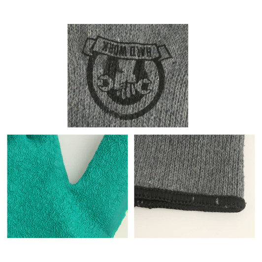 Latex dipped gloves in teal and grey, featuring a textured grip and a logo on the fabric.