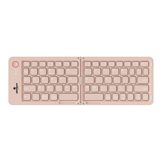 A wireless foldable keyboard in a light pink colour with a compact design and a logo on the side.