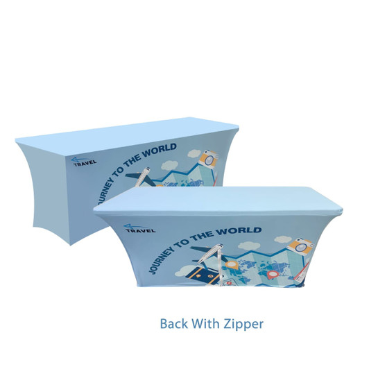 Blue stretch table covers featuring a design with a zipper, suitable for 6ft tables. Includes branding elements.