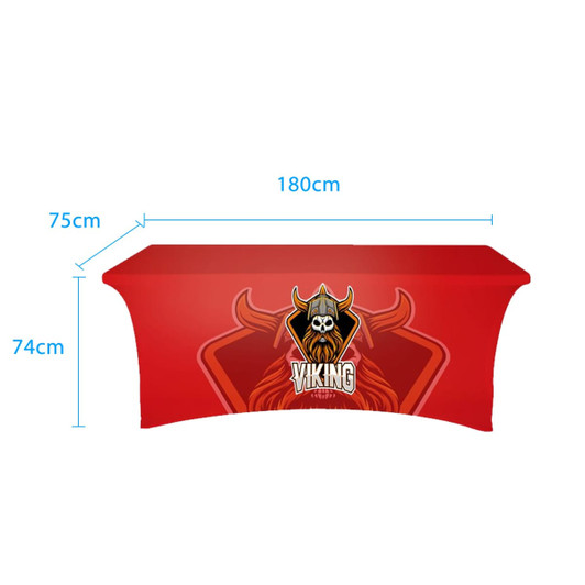 A red stretch table cover with a zipper featuring a graphic of a Viking character and logo. Measurements provided.