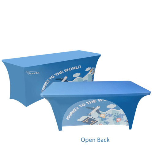 A blue stretch table cover with an open back, featuring an abstract travel-themed design.