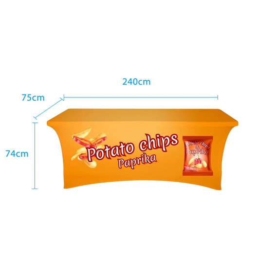 An orange stretch table cover with dimensions 240 cm by 75 cm, featuring a potato chips design.