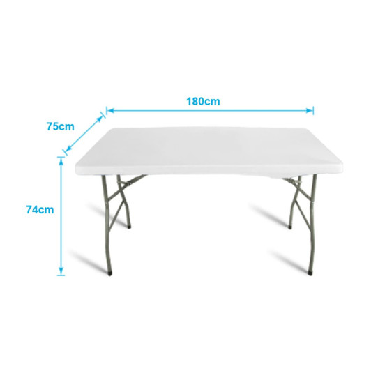 A white 6ft table with a foldable structure, featuring grey metal legs and dimensions indicated.