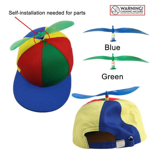 A colourful propeller baseball cap featuring a blue brim, red, yellow, and green panels, with a propeller on top.