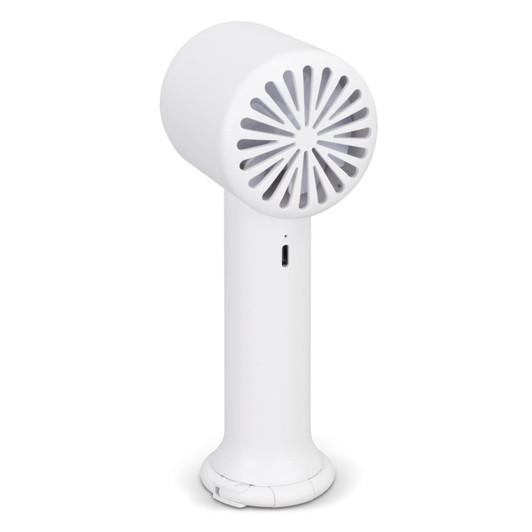 A white personal cooling fan with a circular design and vented front, featuring a logo on the side.