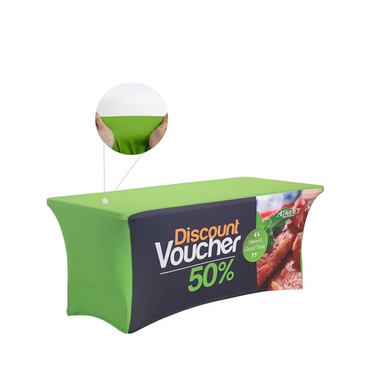 A green and black stretch table cover with an open back, featuring a discount voucher design and a logo.
