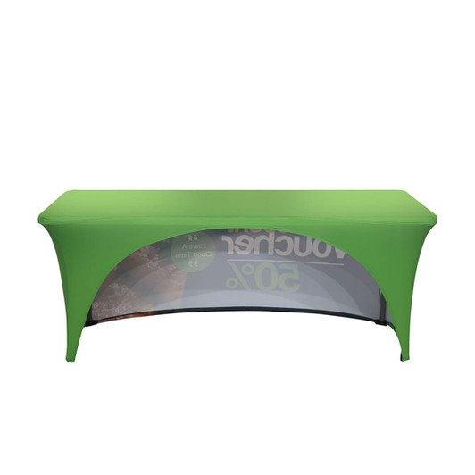 A green stretch table cover with an open back, fitting a 4ft table, featuring a logo on the back.