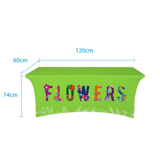 A green stretch table cover with colourful floral letters spelling "FLOWERS". It features an open back design.