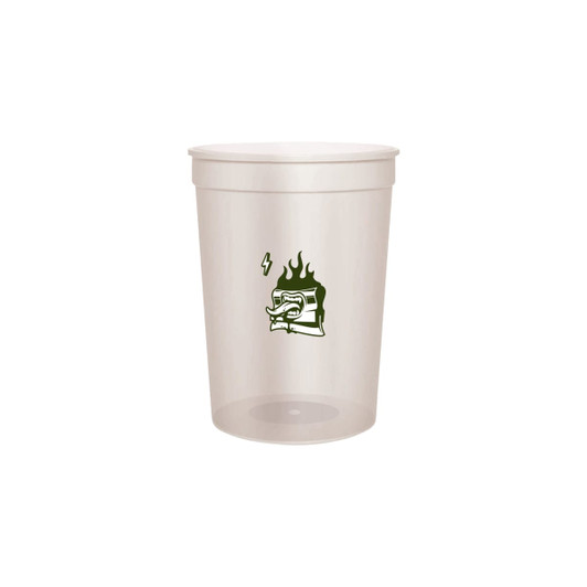 A translucent plastic stadium cup in clear, featuring a graphic design and a logo.