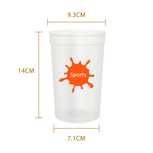 A translucent plastic stadium cup in clear with an orange splash design. Measures 14cm in height and 9.3cm in diameter.