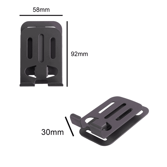 A foldable metal mobile phone stand in black, featuring two angled views and dimensions marked.