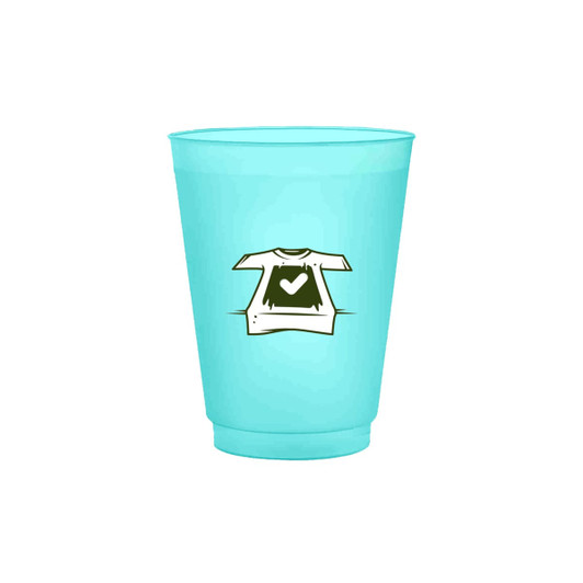 A frosted turquoise plastic stadium cup with a logo featuring a t-shirt design.