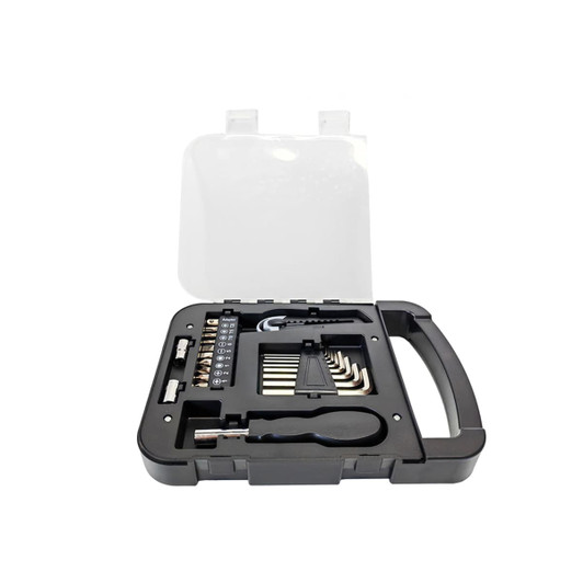 A black tool kit featuring various tools, including sockets and screwdriver bits, in a sturdy case with a handle.