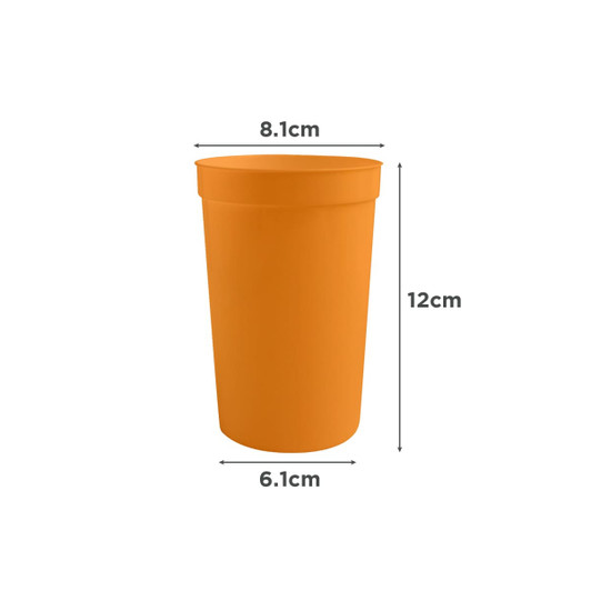 An orange 355ml plastic stadium cup with a cylindrical shape and a logo. Dimensions: 12cm height, 8.1cm diameter.