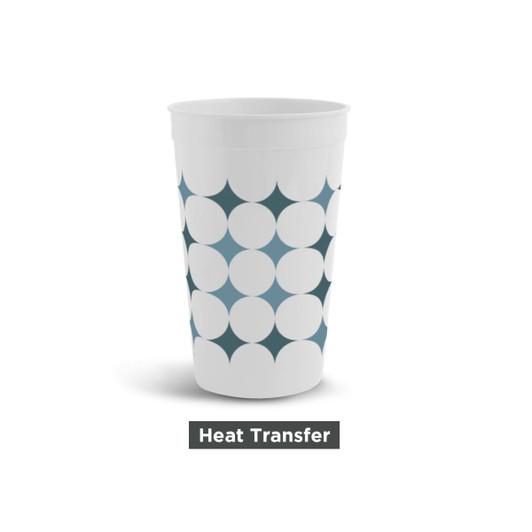 A plastic stadium cup in white featuring a blue geometric design and a logo.