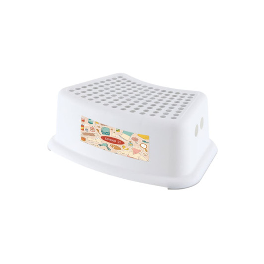 A white step stool with a textured surface and a colourful graphic on the side. It has a rounded shape and is sturdy.
