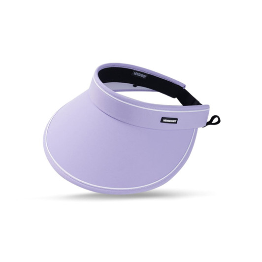 A wide-brim sun visor hat in light purple with a black band and a logo.