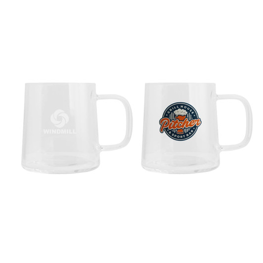A clear glass mug with a handle, featuring a logo on one side. It showcases a simple, elegant design.