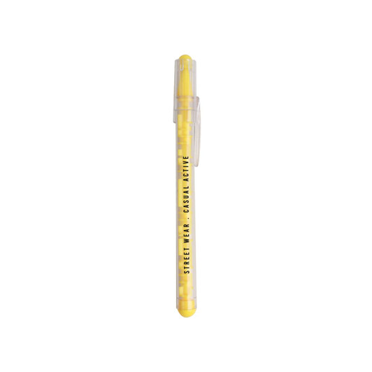 A yellow Puzzle Maze Pen with a transparent body and clip, featuring a logo on the barrel.