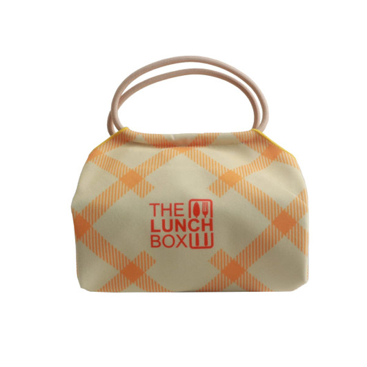 A yellow and orange plaid lunch box bag with two handles and a logo on the front.