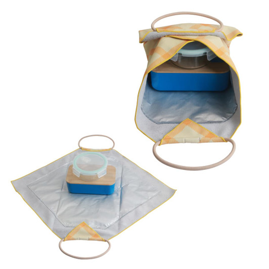 A yellow and silver lunch box bag, featuring a wooden lid and a circular handle, with an organised interior for food storage.